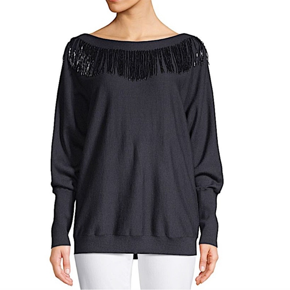 Lafayette 148 New York dolman sweater with beaded fringe detail